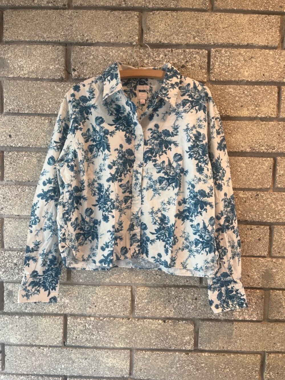 Gap X LoveShackFancy Blue Floral Cropped Shirt Medium Organic Cotton Button-Up